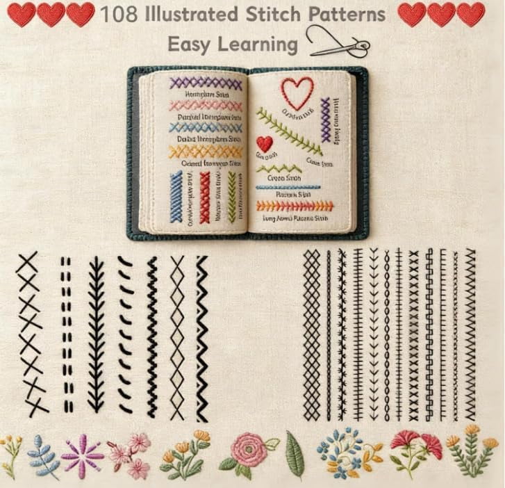 ZLNDR 2026 Upgraded Embroidery Stitch Book Kit, 106 Patterns with Tools & Tutorials, 86 PCS Beginner Embroidery Kit, Portable All-in-One Hand Embroidery Book for Adults & DIY Craft Lovers