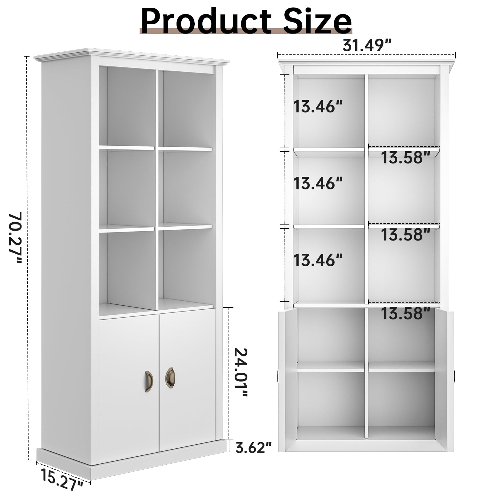 Nathaniel Home, 70'' Versatile Bookcase with Doors, Floor Standing 5-tier Bookshelf, Storage Cabinet for Living Room, Home Office Decor Furniture White