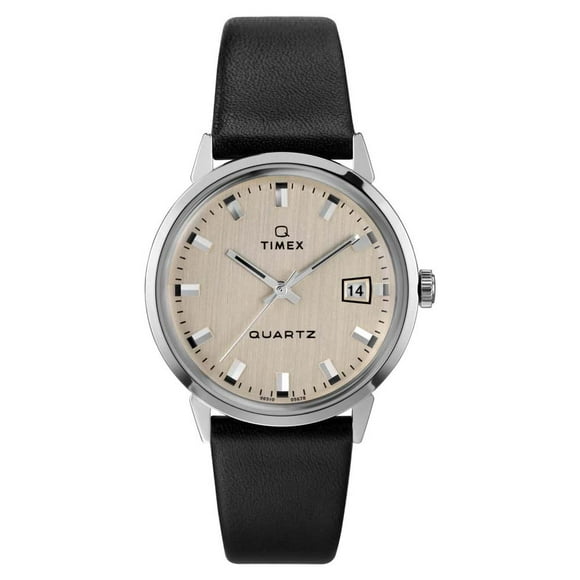 Timex Men's Q 1978 Reissue Date 35mm Leather Strap Watch Stainless-Steel/Black/Silver-Tone