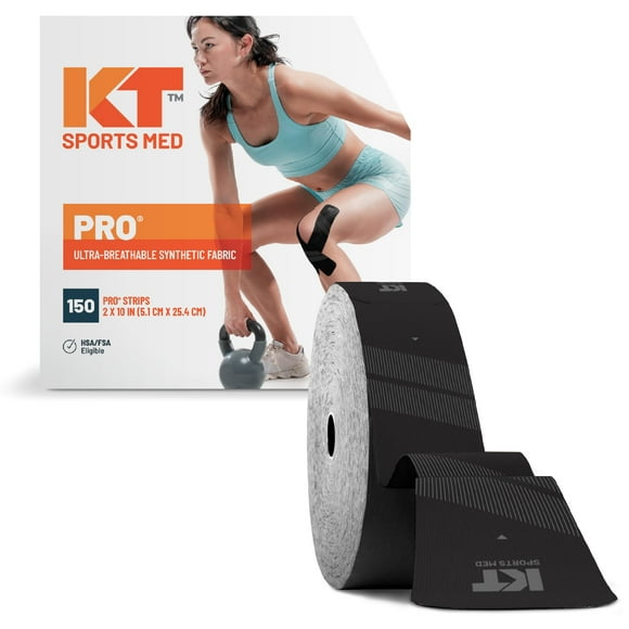 KT Tape, PRO Synthetic Elastic Kinesiology Athletic Tape, 150 Count, 10" Precut Strips, Black
