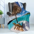 thumbnail image 4 of Beach Soft Flannel Fleece Throw Blanket, Maldives Scenic Seaside View Sunbeds Under Umbrella Romantic Honeymoon Theme, Cozy Plush for Indoor and Outdoor Use, 70" x 90", Brown Aqua White, by Ambesonne, 4 of 5