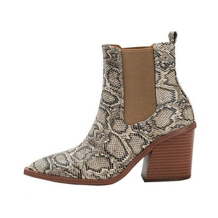 

Larisalt Snow Boots For Women Womens Ankle Boots Slip on Cutout Pointed Toe Snakeskin Chunky Stacked Mid Heel Bootie A