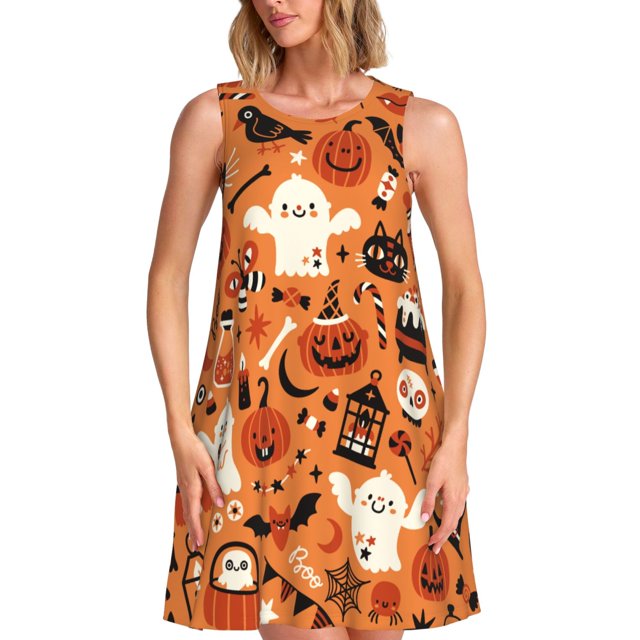 Disketp Halloween 2 para Vestido sin Mangas para Mujeres, Vestidos de Verano para Mujeres, Casual y Holgado para la Playa