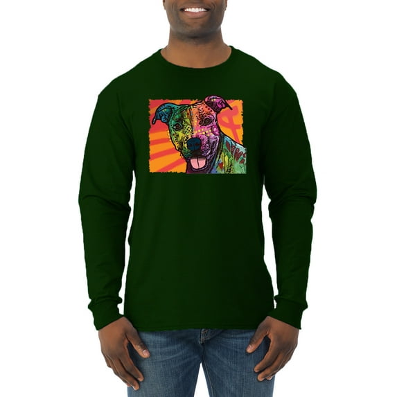 Cute Smiling Neon Pitbull Dog Breed Dog Lover Mens Long Sleeve Shirt, Forest Green, X-Large