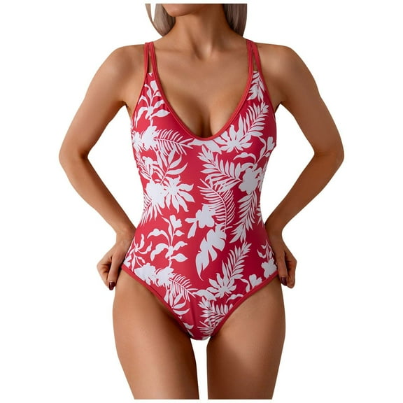 CaComMARK PI One Piece Swimsuit Women Summer Sexy V Neck Hawaiian Style Printed Spaghetti Strap Swimsuit Red L(L)