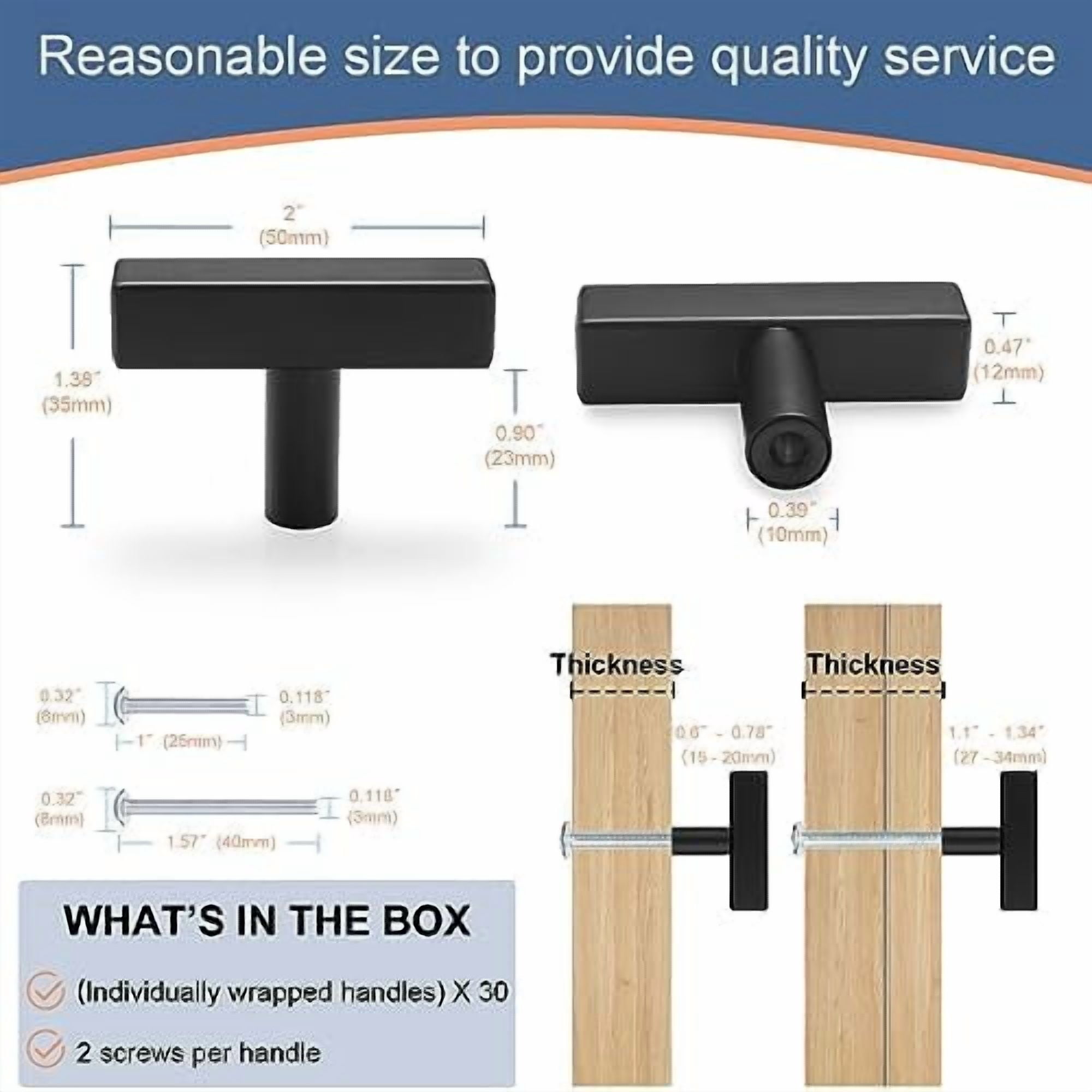 30 Pack Square Cabinet Knobs Matte Black Drawer Knobs 2" Length, Single Hole Kitchen Knobs for Cabinet Pulls, Stainless Steel Cabinet Handles for Bedroom Bathroom Office