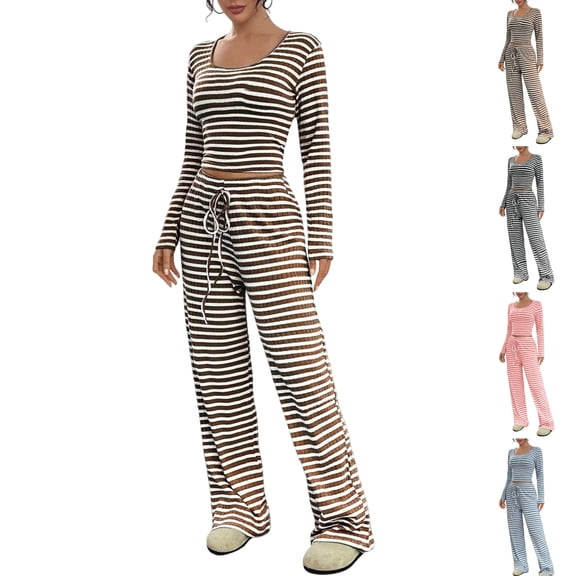 Gamivast Long Sleeve Pajama Set for Women Striped Lounge Sets Cropped Long Sleeve Loose Fitted Tops Pull on Striaght Leg Tall Pants 2 Piece Pjs Sleepwear