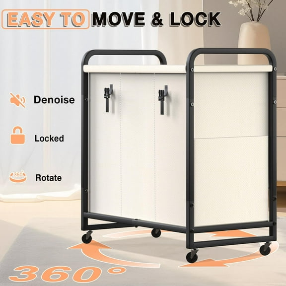 Laundry Sorter 3 Section, 60 Gal (230L) Laundry Hamper Cart with Rolling Lockable Wheels and Sturdy Metal Handle, Rolling Clothes Hamper with Removable Bag for Laundry Room and Bedroom - White