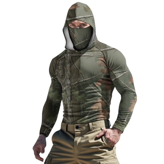 Dagegui Fishing Hoodies for Men Performance Long Sleeve Hooded Shirts with Face Cover Breathable Summer Sun Protection UV T-Shirt Outdoor Hiking Camo Tops 001 Camouflage S