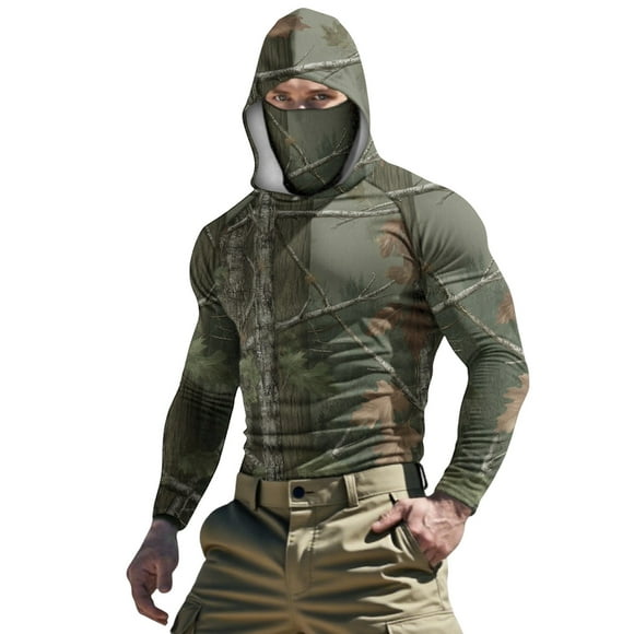 Lovzfmll Men's Cooling Face Cover Camo Print Hoodie, Unisex Long Sleeve UPF Protective Top Camouflage, XL