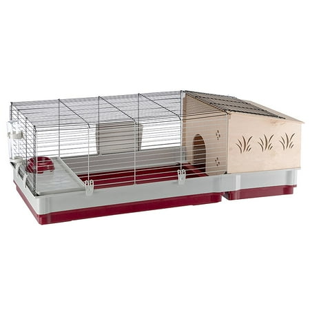 UPC: 0798549142885 | Ferplast Krolik XL Rabbit Cage 140 (Includes Wood Hutch) | 55.9L x 23.62W x 19.7H inches | Burgundy & Cream