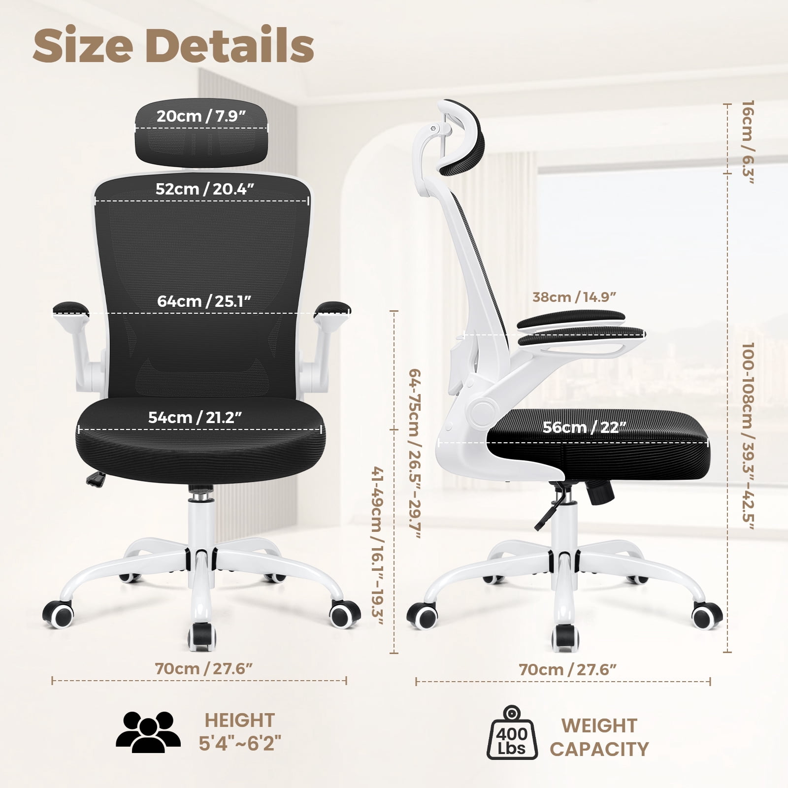 COOLHUT Office Chair Ergonomic Desk Chair, High Back Office Chair with Headrest, Big and Tall Comfy Home Office Desk Chair Lumbar Support Breathable Mesh Office Chair, White