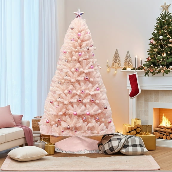 Resenkos 6ft Pink Artificial Christmas Tree Hinged Full Fir Tree with Metal Stand, Pink