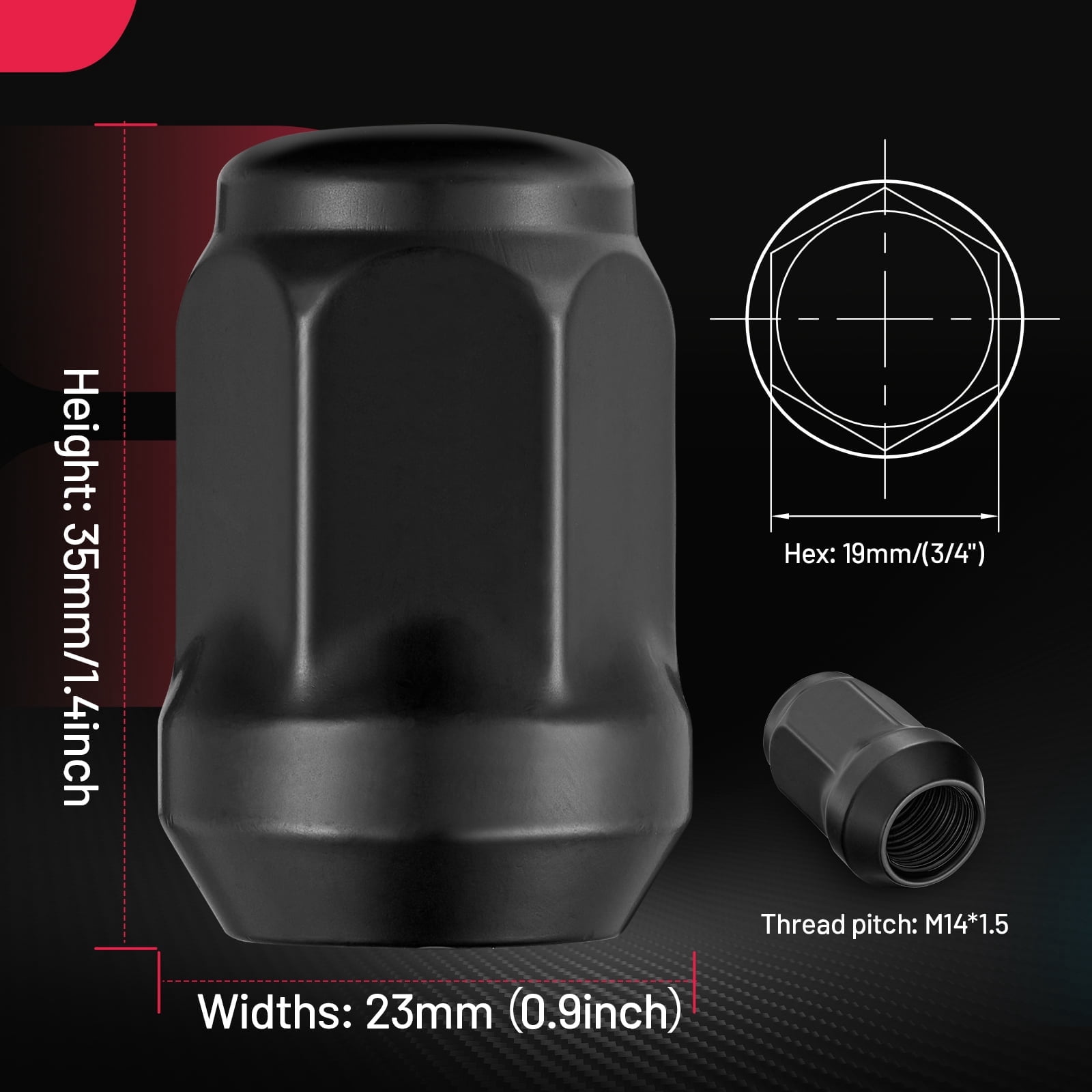 14mmx1.5 Wheel Lug Nuts,24pcs Black M14x1.5 Lug Nuts Closed End Cone Seat Bulge Acorn Lug Nuts 3/4 inch 19mm Hex 1.4 inch 35mm Tall for Trailers Tire Wheel,Set of 24
