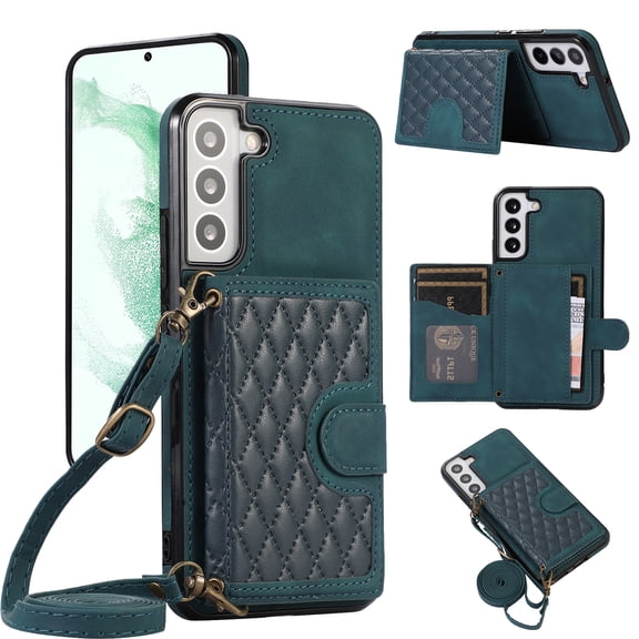 Crossbody Wallet Women Case for Samsung S22,[RFID Blocking] Credit Card Holder with Should Strap,Premium PU Leather Purse Diamond Patterned Folio Cover for Samsung Galaxy S22,Green