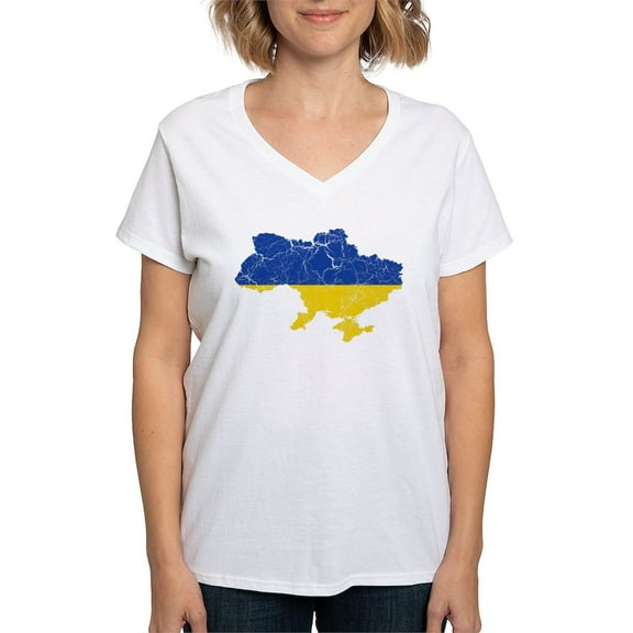 CafePress - Ukraine Flag And Map Women's V Neck T Shirt - Womens Cotton V-Neck T-shirt