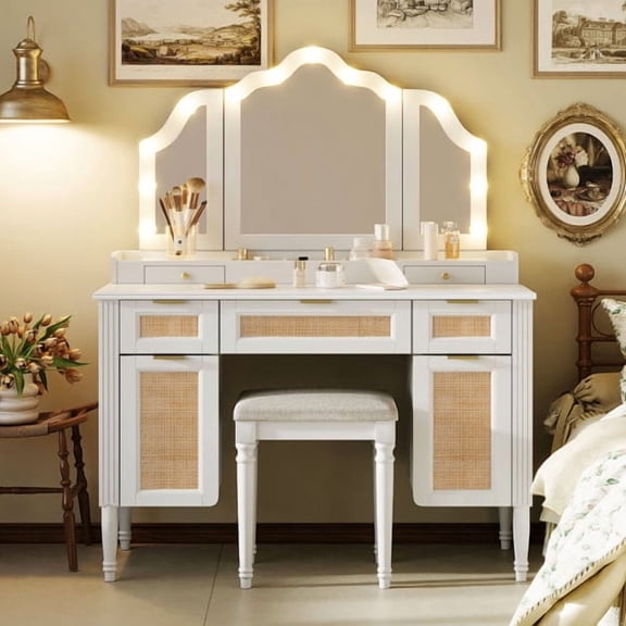 44.37" White Makeup Vanity Desk Set with Lighted Tri-Fold Mirror & Stool, 13 Bulbs, 3 Color Lighting Modes, Charging Station, Ample Storage