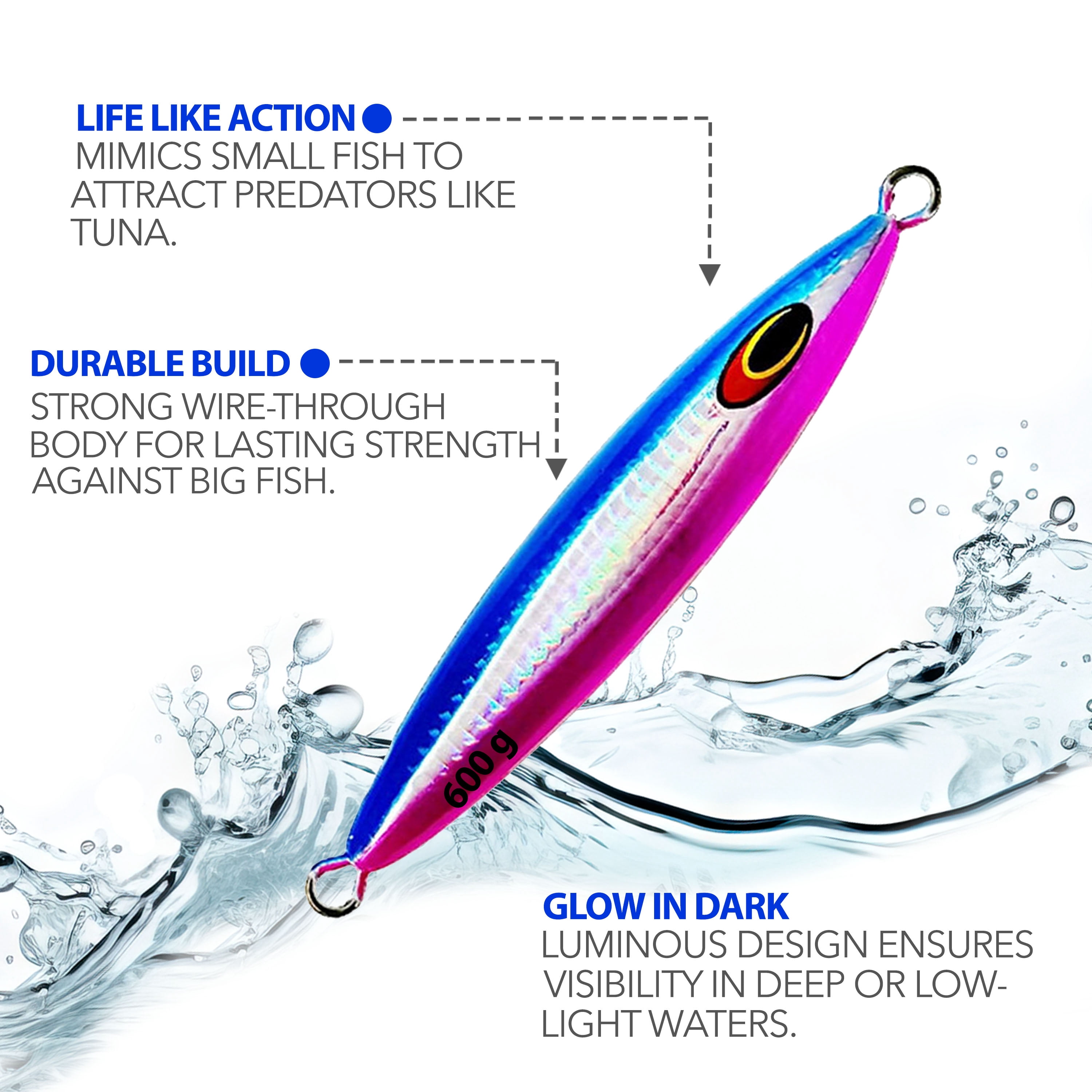 7" Tuna Jig 600g,3 Pcs Blue Pink Zebra Glow Saltwater Fishing Lures, Fishing Gear & Tackle, Tuna Fishing Jig