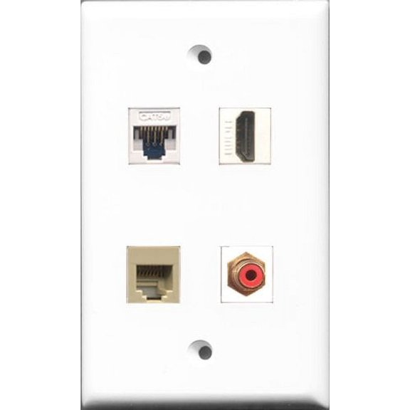 RiteAV - 1 Port HDMI and 1 Port RCA Red and 1 Port Phone RJ11 RJ12 Beige and 1 Port Cat5e Ethernet White Wall Plate