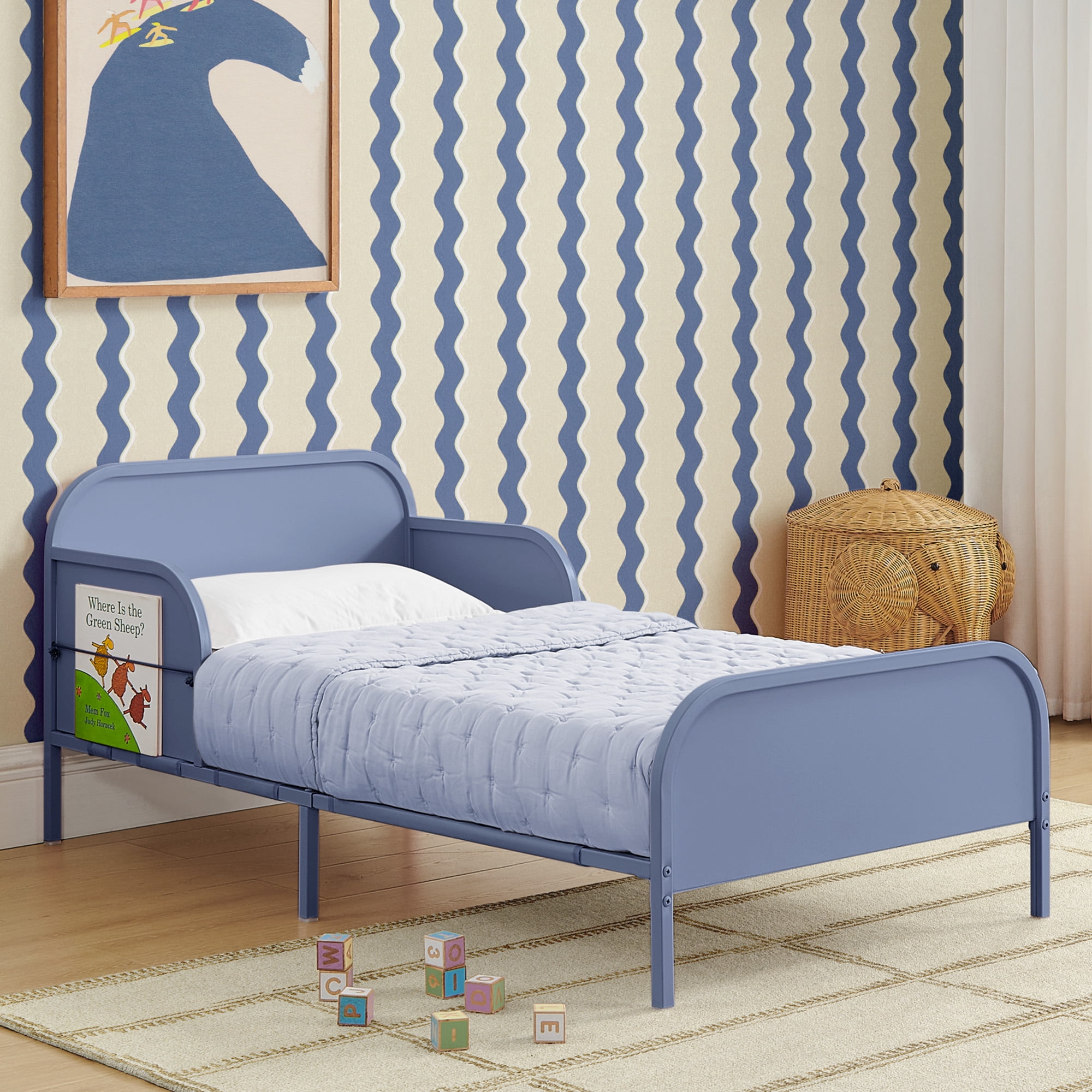 Delta Children Magic Magnet Toddler Bed with Customizable Magnets & Built-In Book Storage, Denim Blue