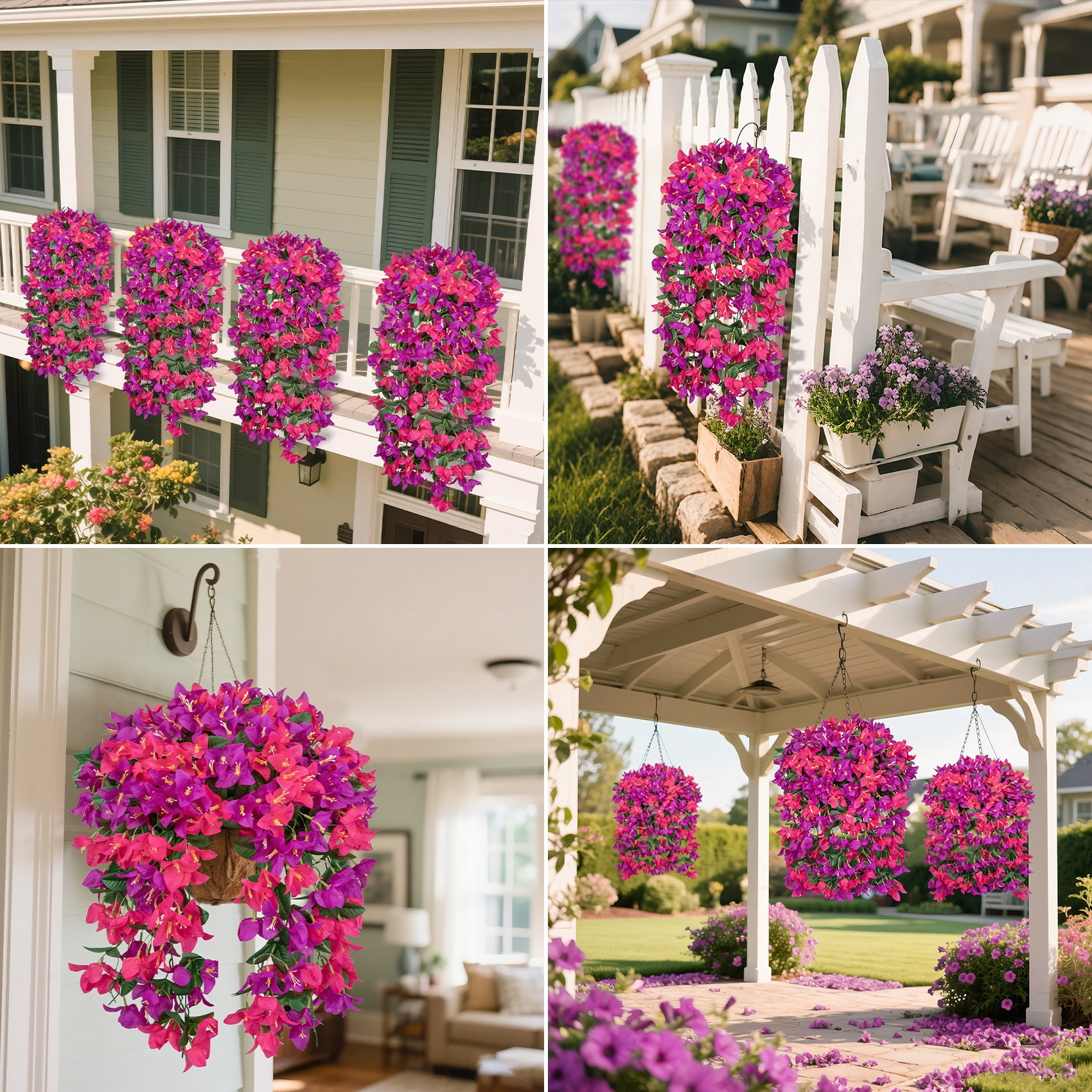 Scidweet Artificial Bougainvillea Flowers for Outdoors, 4 Pcs Faux Silk Hanging Flowers Long Trailing Fake Vines for Front Door Porch Yard Balcony Patio Summer Spring Home Decor, Red Purple