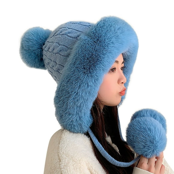Outfmvch Beanie Hat And Scarf Set For Women Ladies Winter Knitted Wool Cap Three Ball Pullover Cap Fleece Warm Ear Protection Hat Winter Hat Blue One Size