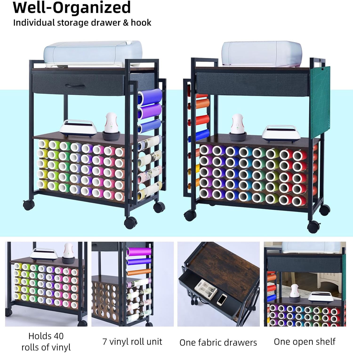 Organizers and Storage Compatible with Cricut Machines Rolling Craft Storage Cart with 47 Vinyl Roll Holders for Craft Rooms Home Removable Patent Protected 001 Black Wood Grain