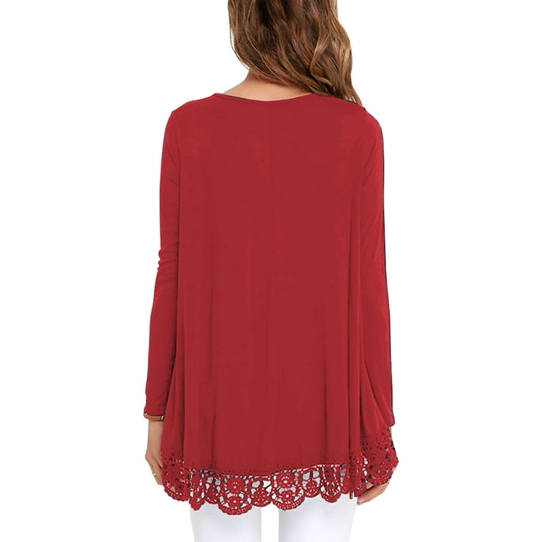 JWD Women's Tops Long Sleeve Lace Trim O-Neck A Line Tunic Blouse  Red-Medium 