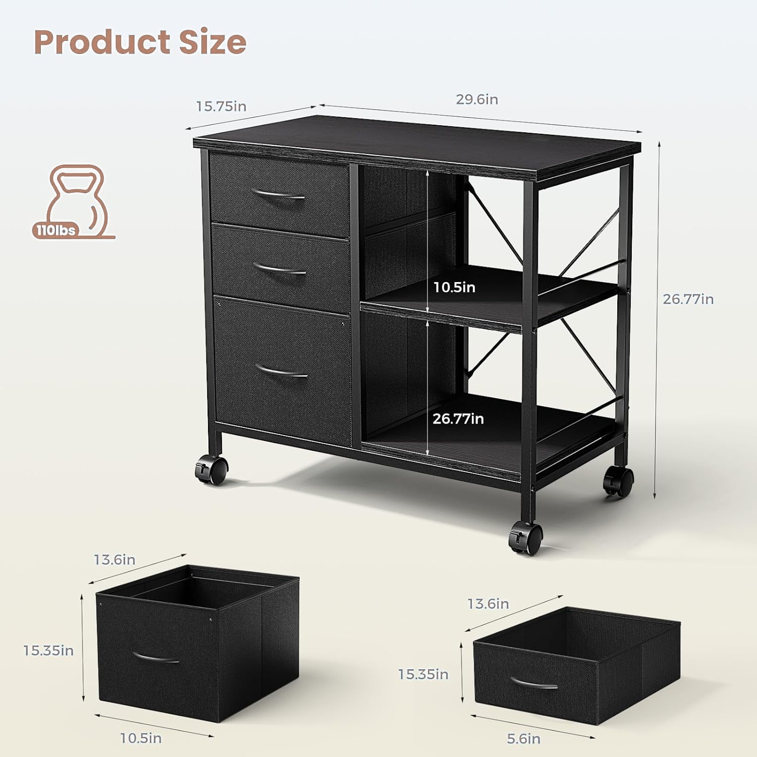 3-Tier Mobile File Cabinet, Rolling Printer Stand with Storage and Back Support Bar, 3 Drawer Lateral File Cabinet Holds 110lbs, for Home Office in Rustic Black
