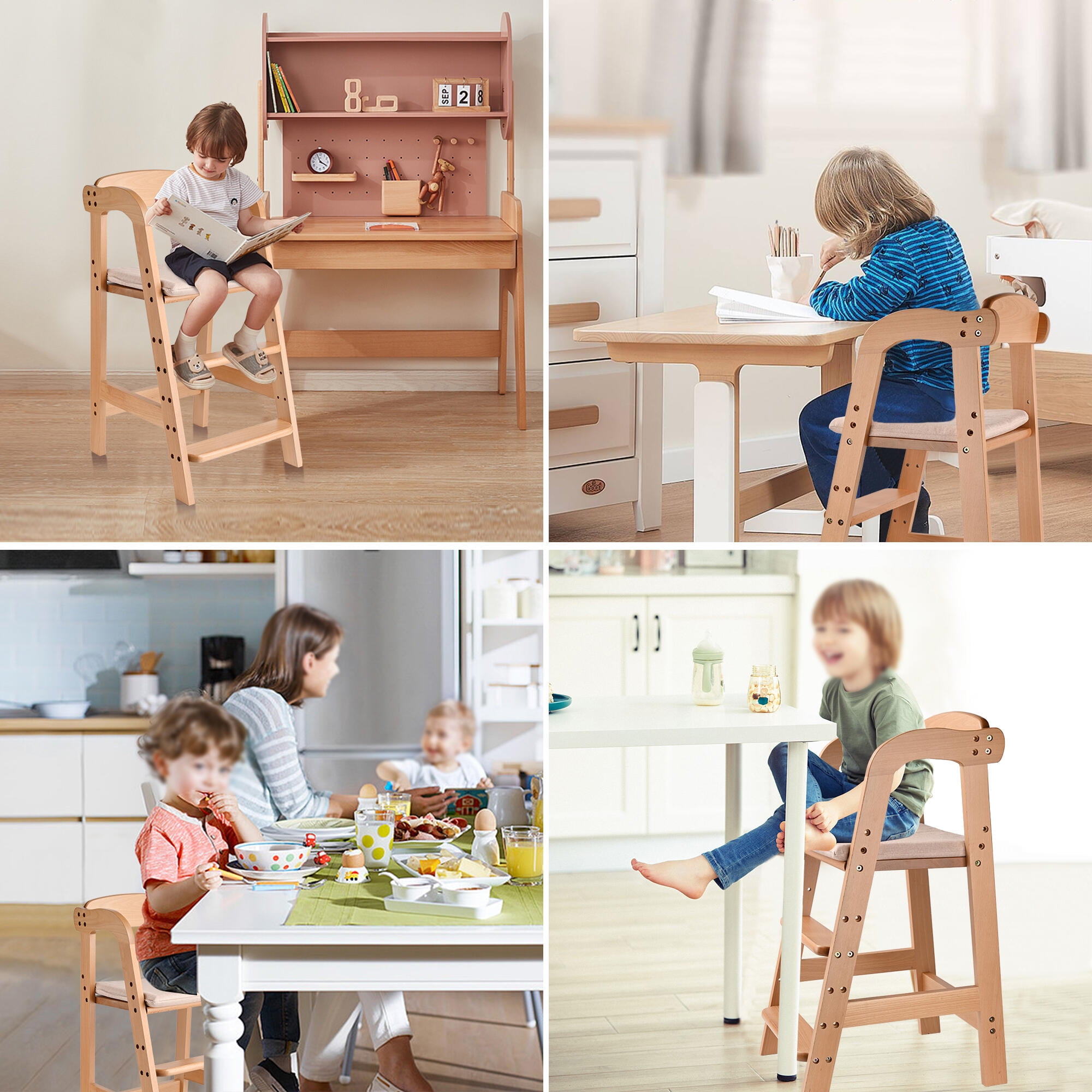 LIVINGBASICS Wooden High Chair for Toddlers to Teens Adjustable Dining Chair Step Tool With Removable Cushion And Safety Belt