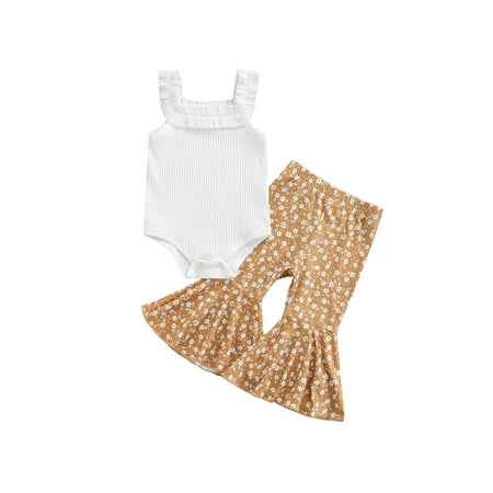 

ZIYIXIN Newborn Baby Girl Bell Bottoms Outfit Set Sleeveless Ruffle Ribbed Romper Tops Floral Polka Dots Flare Pants White 0-6 Months
