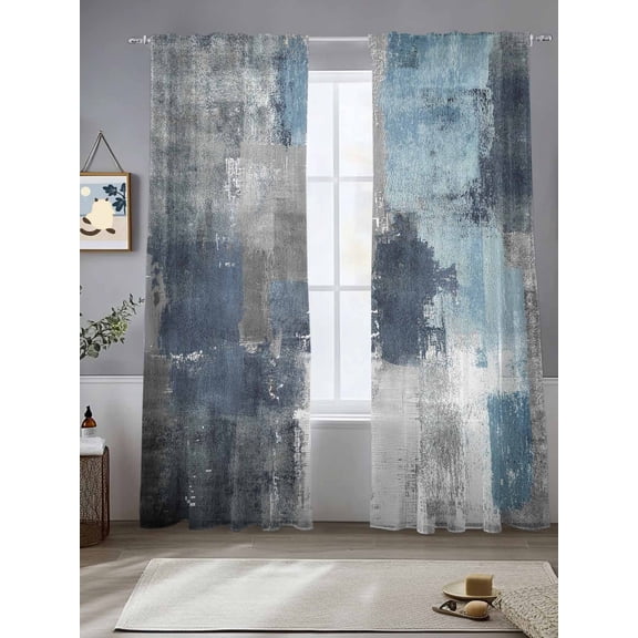 Blue Grey Abstract Sheer Curtains 84 Inches Long 2 Panels Modern Graffiti Light Filtering Semi Sheer Window Curtains Drapes for Bedroom Living Room 52"x84"