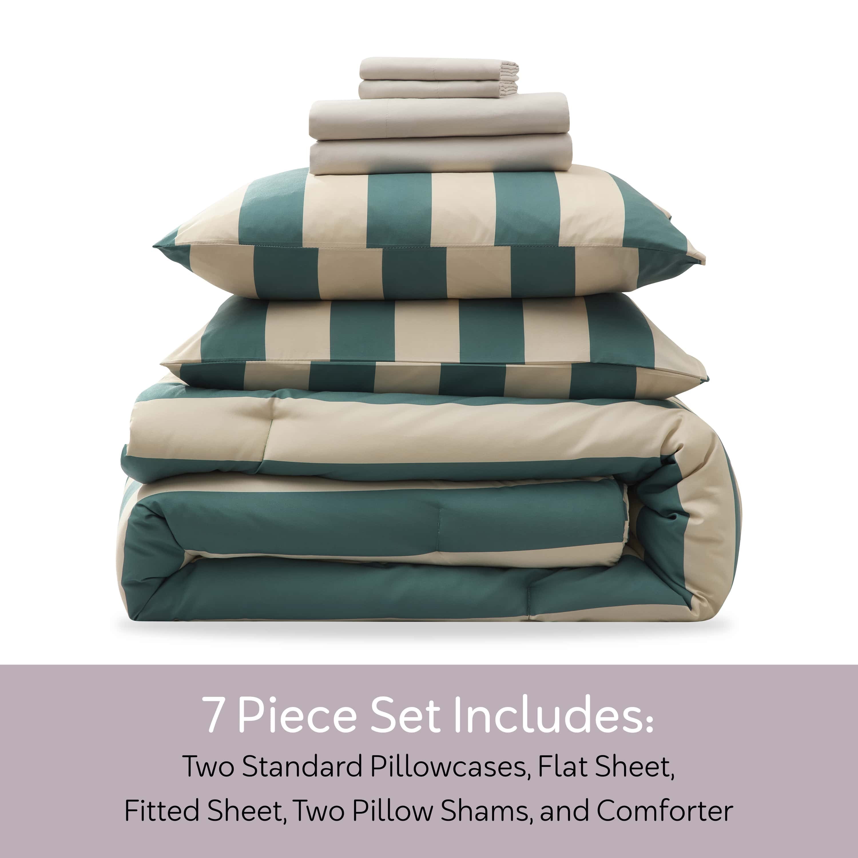 Virtu Full Comforter Set, Striped Full Size Comforter Set, 7-Pc All Season Bedding Comforter Set, Green