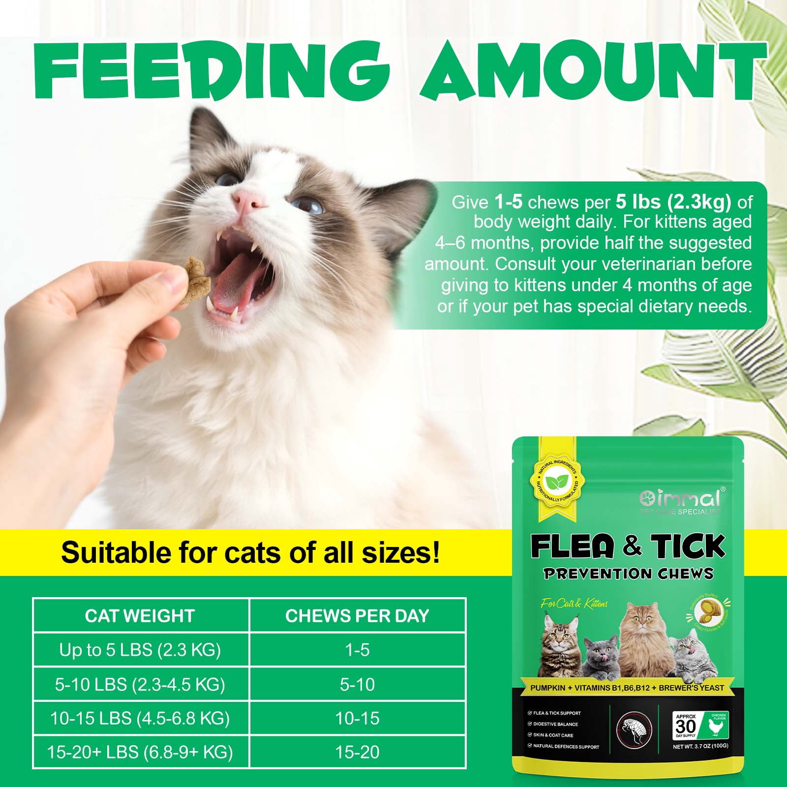 Oimmal Skin & Coat Chews for Cats, Daily Support Treat with Pumpkin & Yeast, Natural De-woming Treats for Digestive & Skin Health, 3.7oz/100g, Chicken Flavor - 5Pack