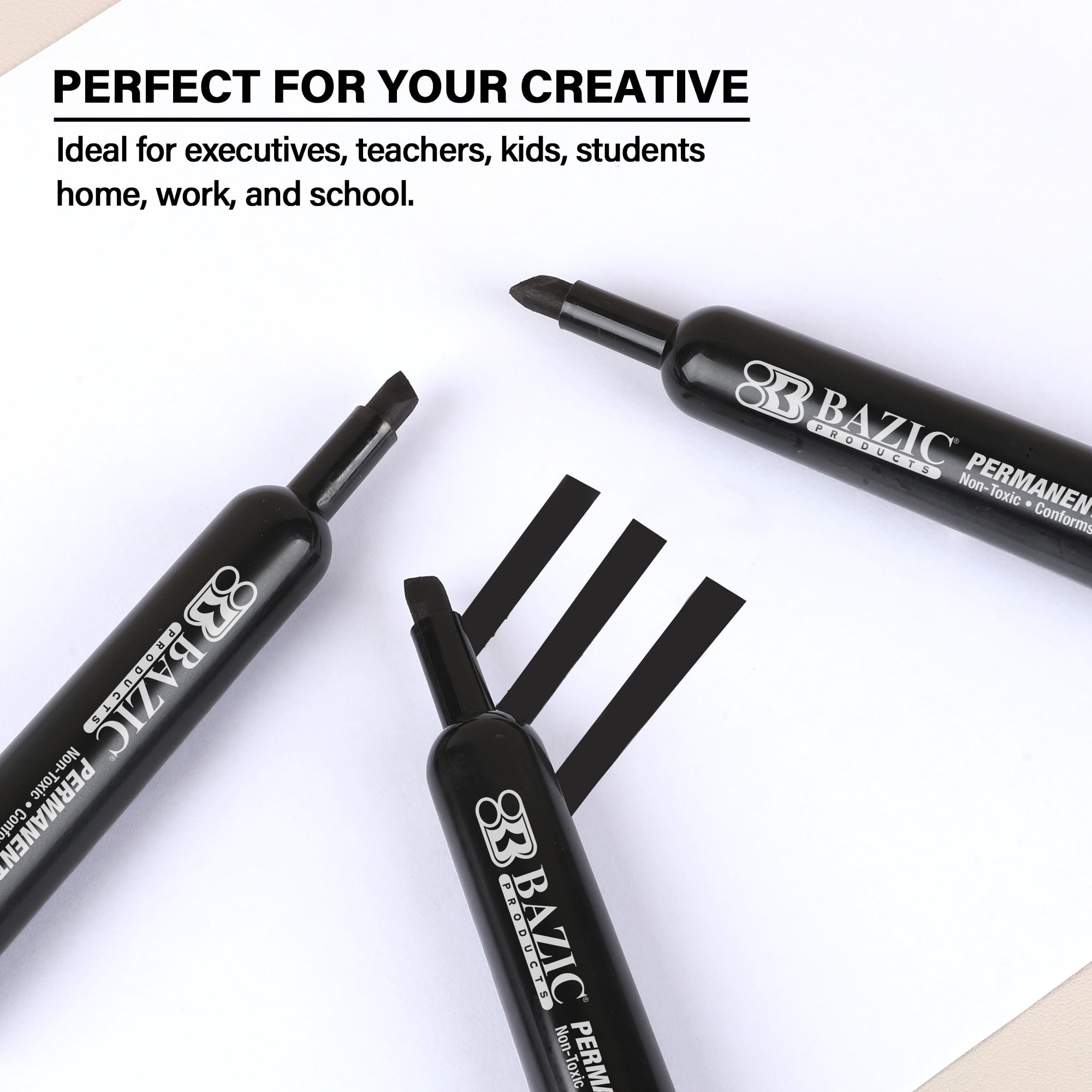 BAZIC Permanent Marker Chisel Tip, Black Color Markers, (3/Pack), 24-Packs