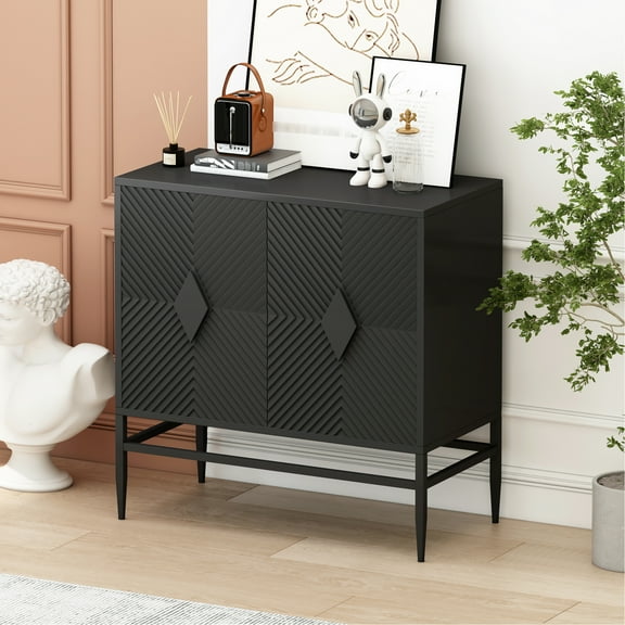 30.84" Wooden Storage Cabinet With Metal Base, Black Painted For Living, Entryway, Dining Rooms, Minimalist, Adjustable Shelf, Easy Setup Modern 2 Door Accent Legs - Storage, Black, Living Room,