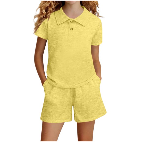Juorvia Girls Summer Outfits 2pc Loose Fitted Crew Neck Button Collared T-Shirts Shorts with Pockets(13-14 Years,Yellow)