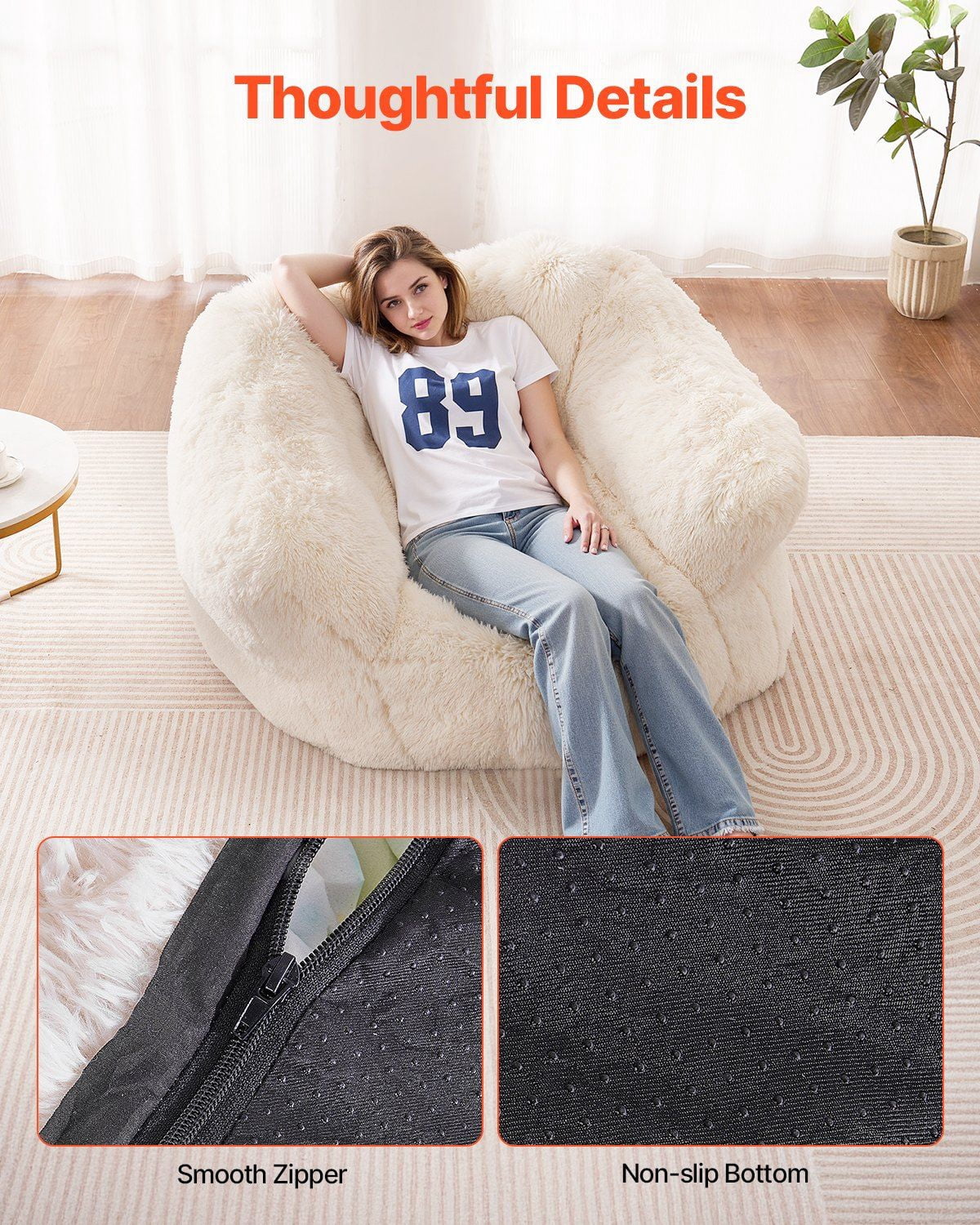 Fluffy Plush Bean Bag Chair with Armrests, High-Density Foam Support, Removable Zippered Cover, Ideal Relaxation Chair for Bedroom, Beige