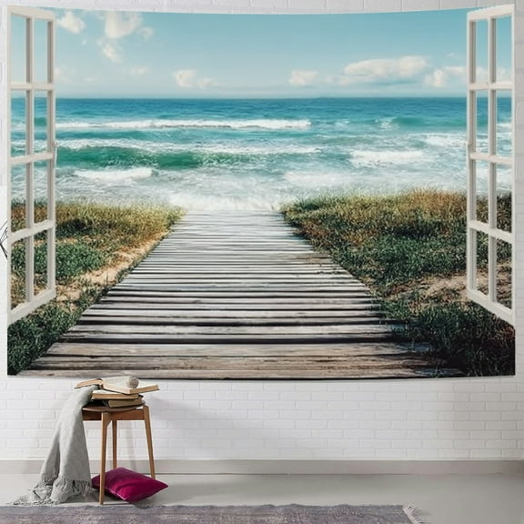 BCIIG Wooden Walkway Beach Ocean Tapestry Wall Hanging Art Decor 40x30inch