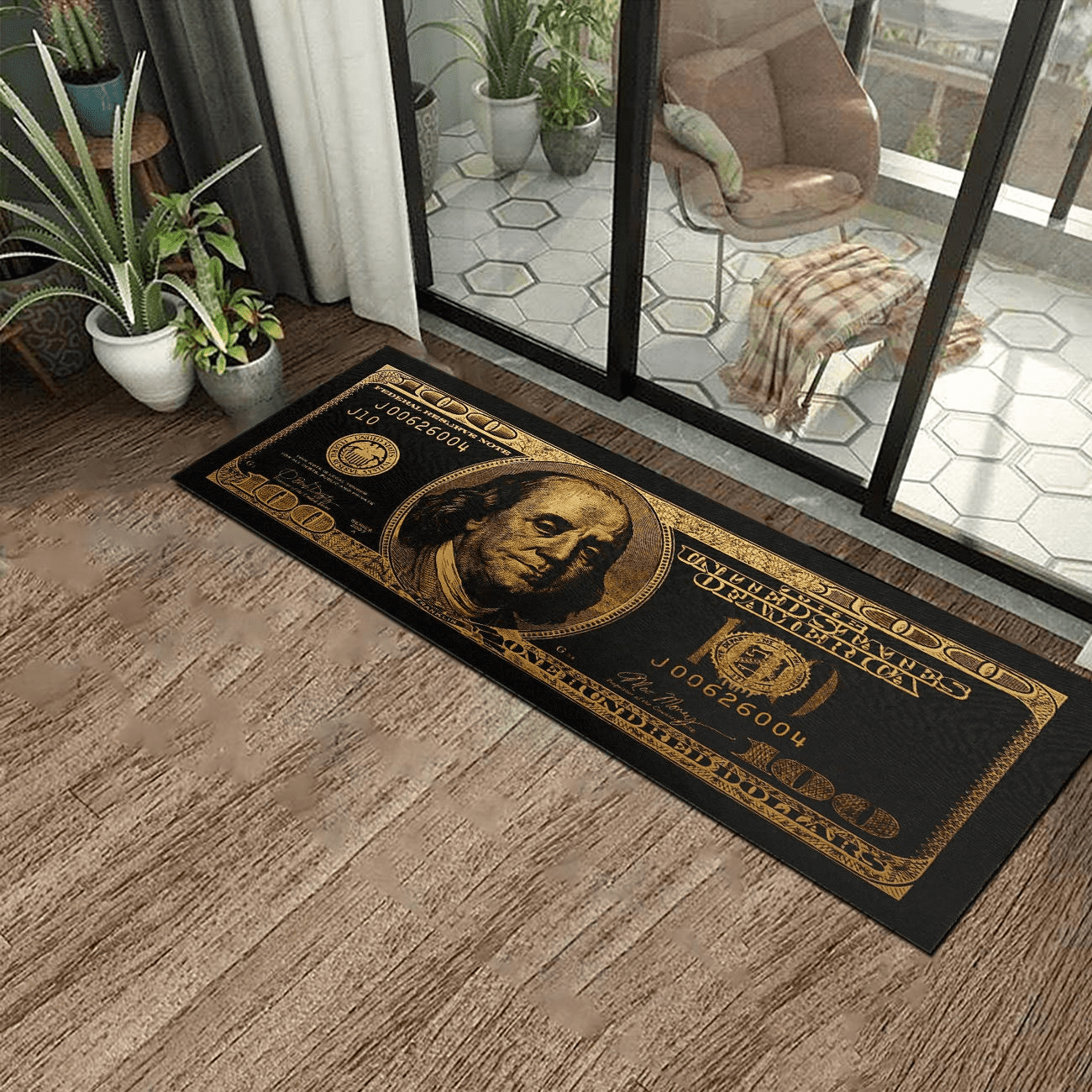 Black Gold Rugs 100 Dollar Bill Area Runner Money Rugs Nonslip Rubber Backed Laundry Room Rug Runner Floor Mat for Living Room Dining Room Washroom Bathroom Mudroom Kitchen Doormat Hallway 24"X71"