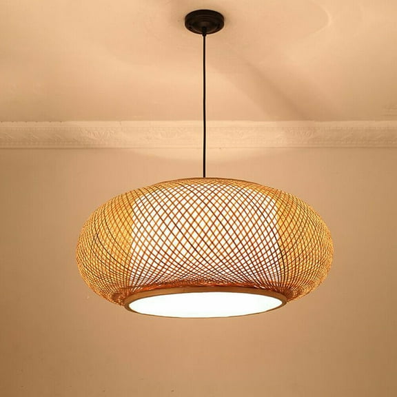 ANQIDI 23.5" Creative Retro Bamboo Chandelier Adjustable Chain Wicker Rattan Shades Hanging Light