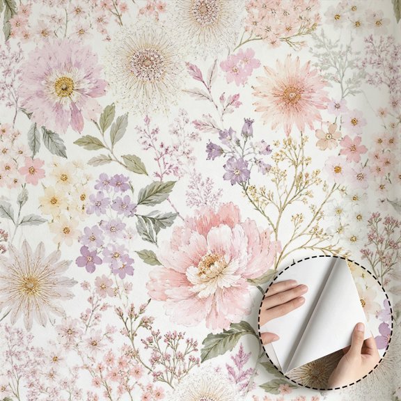 Watercolor Pastel Floral Wallpaper Boho Vintage Aesthetic Peel and Stick Wallpaper Waterproof Wall Decor for Bedroom Living Room Bathroom Dorm Room Drawer Shelf 17.7 * 118 in