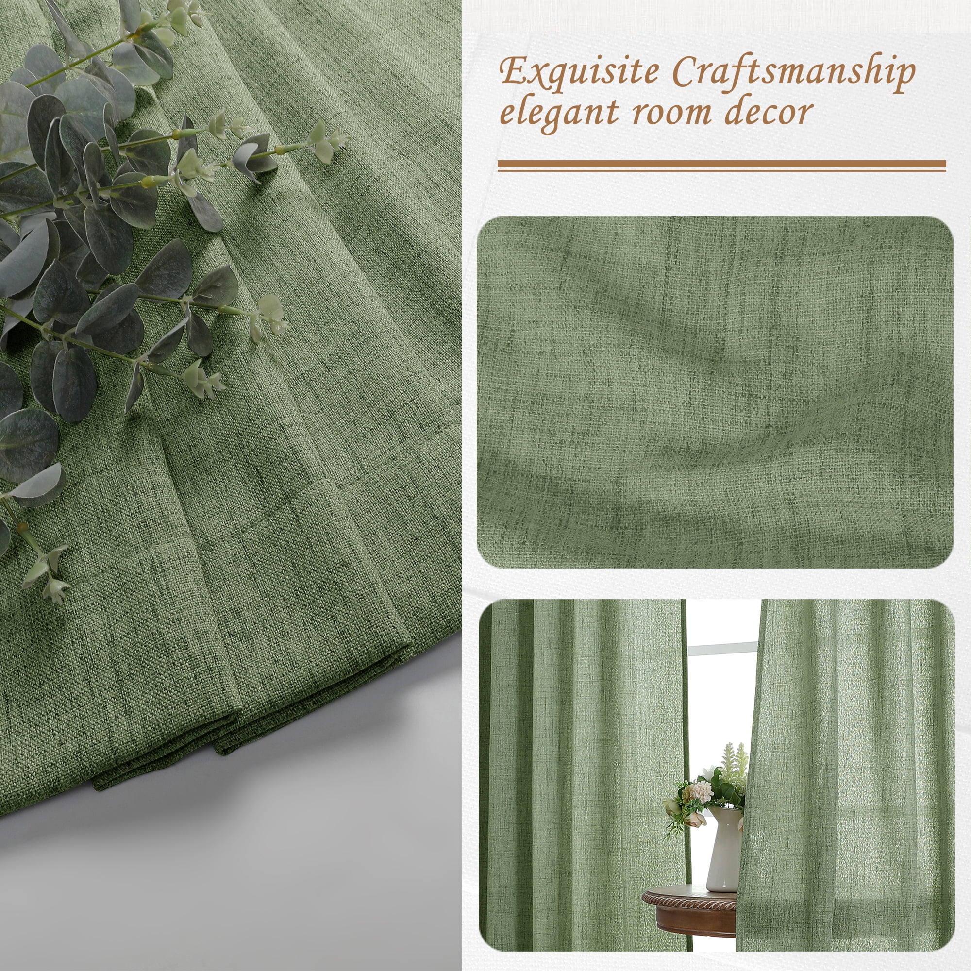 Patin Green Curtains 2 Panels 52 x 84 Inch, Vintage Faux Linen Textured Light Filtering Airy Farmhouse Curtains, Privacy Rod Pocket Bedroom Window Drapes for Living Room Sliding Door