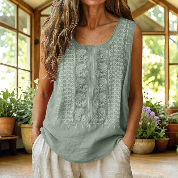 Womens Tank Tops Summer Cotton Linen Embroidery Casual Blouse Loose Fit Scoop Neck Gauze Boho Shirts, 2XL