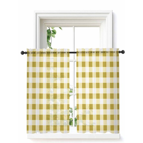 Yellow Checkered Tier Curtains 45 Inch Length, Sheer Curtains for Bedroom Living Room Window, Farmhouse Buffalo Plaid Rod Pocket Voile Drapes Kitchen Curtains Small Half Window 27.5"x45" 2 Panels
