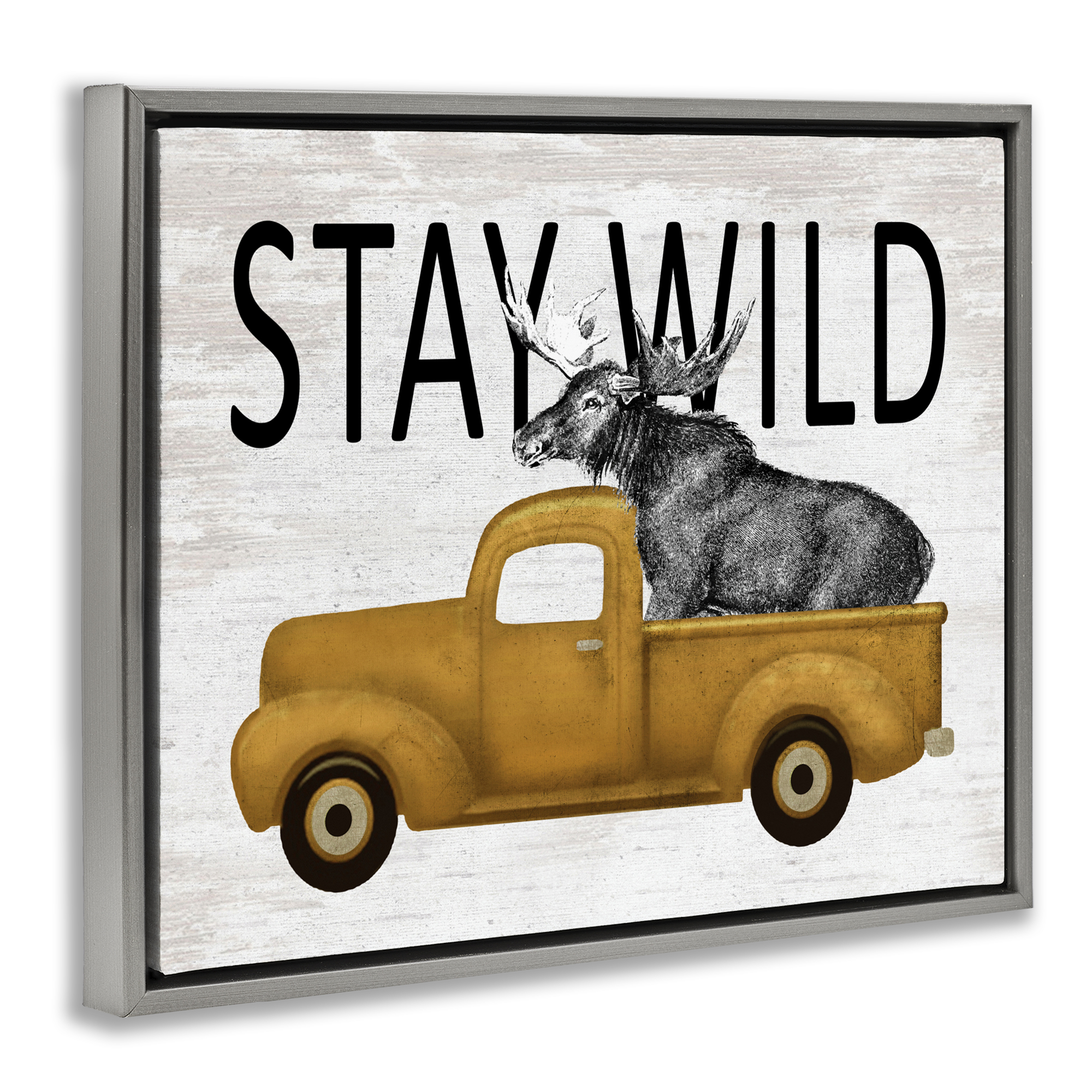Stay Wild Moose Truck Gray Framed Floater Canvas Wall Art, design by Lettered and Lined