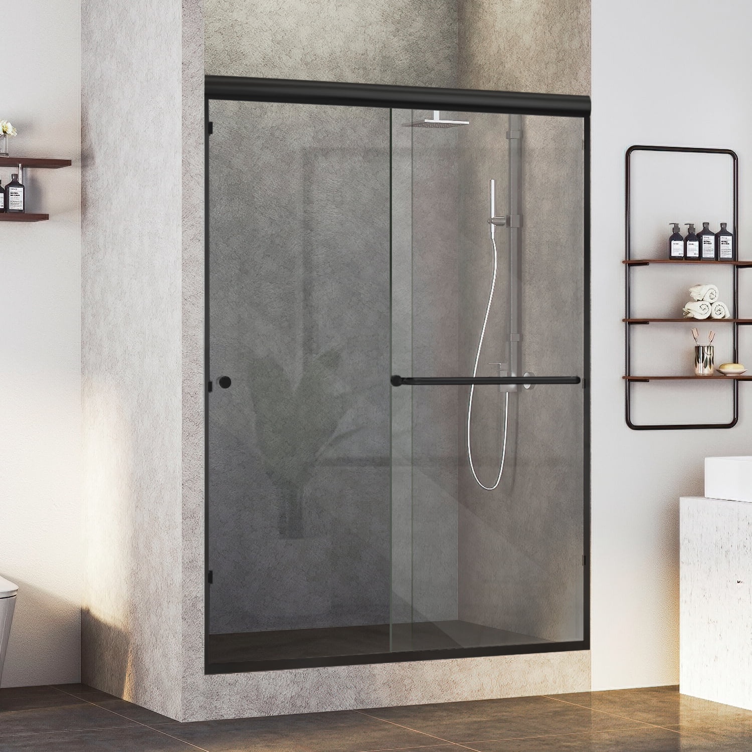 Raffle Pinker Sliding Shower Door Semi-Frameless Bathroom Tub Door 60" W x 72" H with Clear Glass, Black Frame