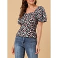 thumbnail image 5 of INSPIRE CHIC Women's Puff Sleeve Tops Sweetheart Neck Smocked Floral Blouses L Black, 5 of 7