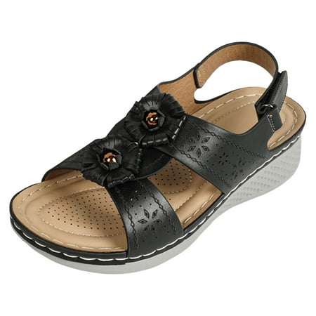

Sandals Women Summer Round Toe Shoes Flower Low Cut Soft Sole Bohemian Ethnic Style Roman Casual Sandals for Women Orthopedic Sandals for Women Summer Sandals for Women 2024(Color:Black Size:US 8.5)