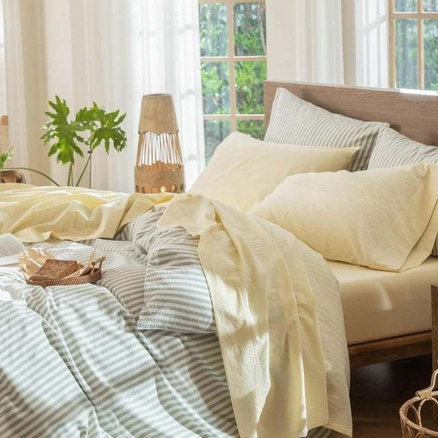 Bedding Sheet Set Washed Cotton Linen Like Textu Breathable Durable Soft Comfy (Dark Orange Queen)
